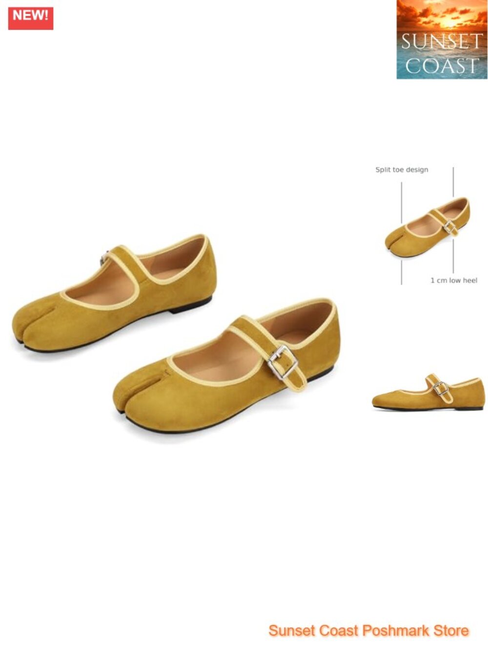 Women's Split Toe Mary Jane Flats Faux Leather Buckle Strap Low Heel Shoes